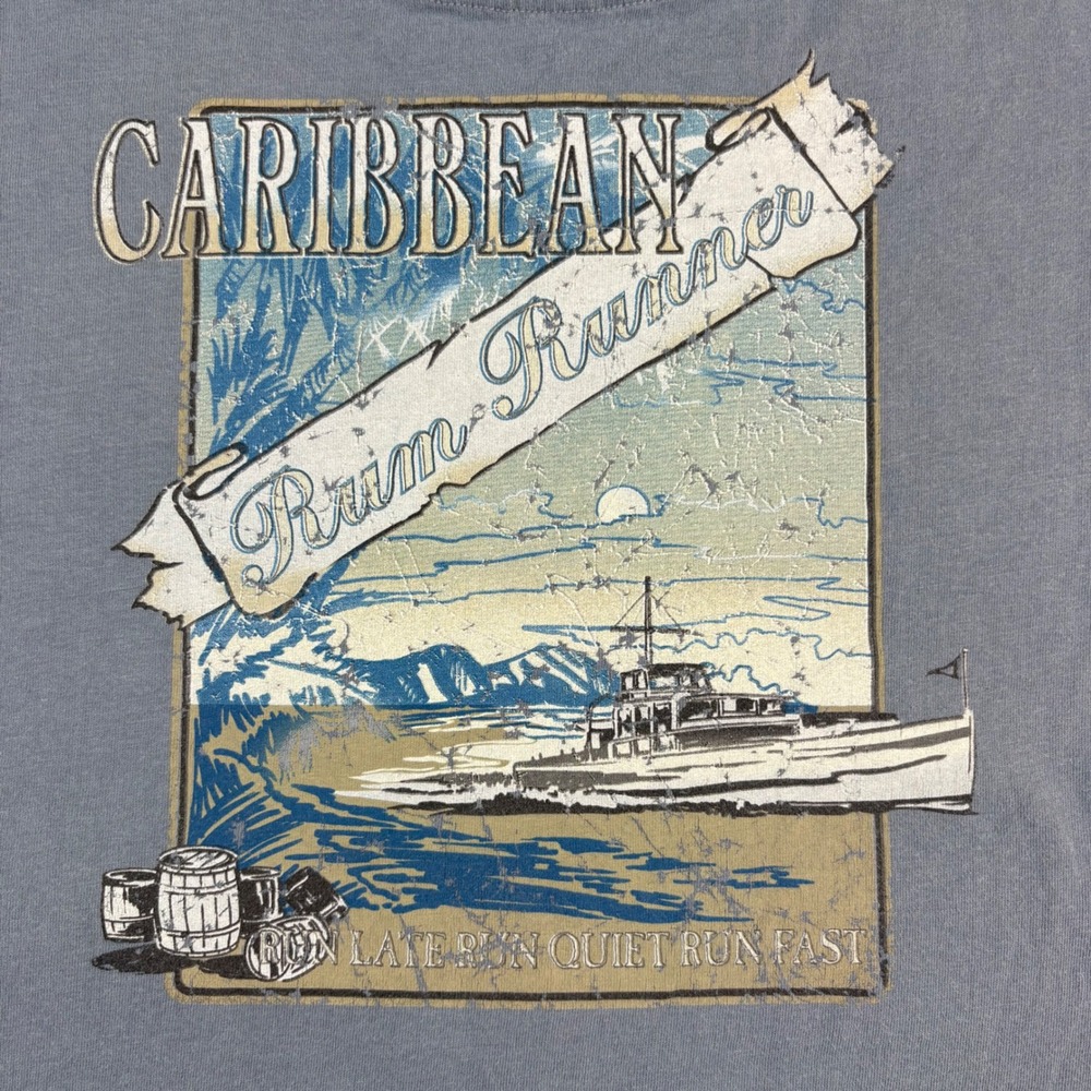 Sportif USA Caribbean Rum Runner T-Shirt Mens Large Blue Sun Faded Vintage Boat